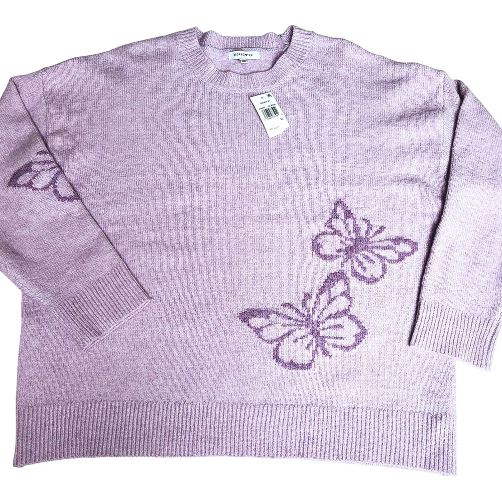 Hooked‎ Up Lilac Butterfly Knit Sweater XL Pullover Long Sleeve Crew Neck Soft